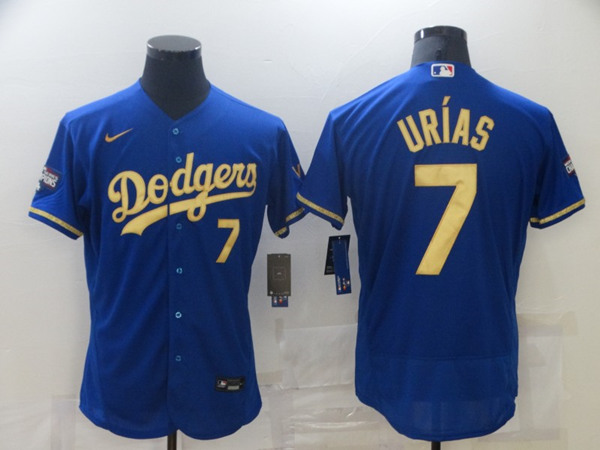 Men's Los Angeles Dodgers #7 Julio Urias Blue Gold 2020 World Series Flex Base Stitched Jersey